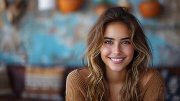 AI Generated A young and happy Latina uses a laptop device against a blue background. The computer is being held by the female model, who is smiling while she is presenting a job search website photo