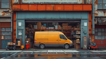 AI Generated In front of a logistics warehouse with an open door, a delivery van loading cardboard boxes. A truck delivers wholesale merchandise, online orders, e-commerce goods, and purchases. photo