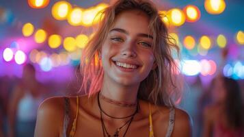 AI Generated In the evening, a young Caucasian woman is dancing at an open-air concert. photo