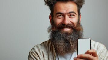 ai generado esta retrato muestra un barbado hombre participación un grande teléfono inteligente con un blanco blanco pantalla en uno mano, demostración cerca a el cámara y señalando a el dispositivo. allí es espacio en el dispositivo para foto