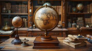 AI Generated An old geographical globe with a map and an old book in a cabinet. Science, education, travel background. History and geography team. Antique globe with old maps. photo