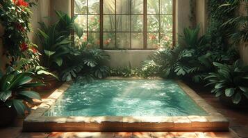 AI Generated The swimming pool of the home is located in the garden and on the terrace photo