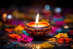 AI Generated Diya lamps on a reflective base with glittering bokeh photo