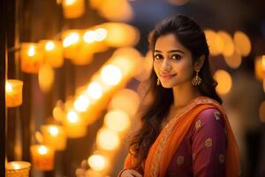 AI Generated Young beautiful Indian woman at Diwali celebration photo