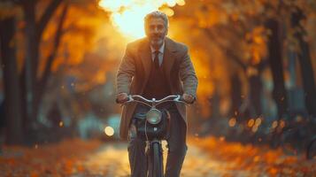 ai generado el cabeza de un empresa mirando feliz, a el rueda de un bicicleta, como él devoluciones desde el oficina en su bicicleta al aire libre. el frente ver de el cabeza de el empresa mirando genial como él ciclos foto