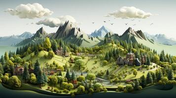 ai generado esta es un ilustración de un bosque aislado en un blanco antecedentes con un árbol, montañas, césped y nubes en el antecedentes. eso es un 3d ilustración de un hermosa paisaje con foto