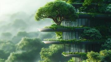 AI Generated Building with green environment. Green building. Eco-friendly office with trees. Sustainable glass office building. Office with green environment. Corporate building reduce carbon dioxide photo