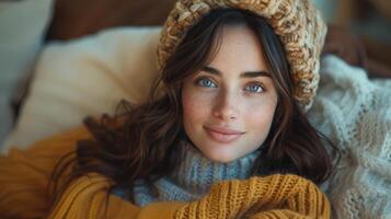 AI Generated In this picture, a happy young woman sits on a sofa and looks at the camera. She appears to be sitting on an armchair relaxing in her winter clothes. It is a picture of a beautiful girl photo