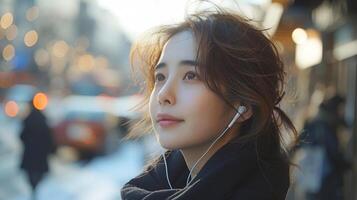 AI Generated Asian business woman looking sideways while waiting for her cab in the morning. Happy young woman listening to music with earphones in the city. This photograph intentionally features photo