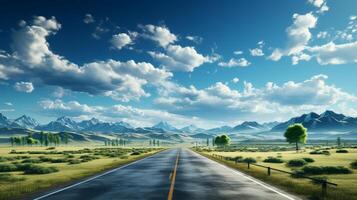 AI Generated The illustration shows a straight highway road isolated with cloudy skies. It is a motorway creative advertising design. The illustration shows a bending highway road isolated. photo