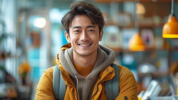 AI Generated Number 1, phone and man isolated on blue background for online question, idea or decision on mobile app. Asian user pointing up on smartphone, internet or website. photo