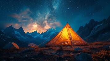 AI Generated An evening under the stars in the mountains, with a tent pitched and glowing under the Milky Way. Photo composite.