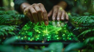 AI Generated Green Leaf Arrow. ESG Concepts. Businessman Working on Tablet. Sustainable Resources. Bringing Environmental and Business Growth Together. photo