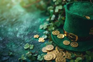 AI Generated Green Leprechaun hat with coins for St. Patrick's Day photo