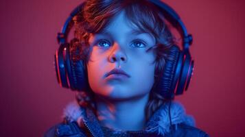 ai generado estúpido chico escuchando a música en neón luces - estudio disparo. niño participación auriculares aislado terminado rojo y púrpura. foto