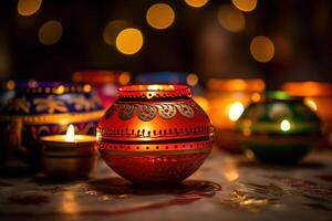 AI Generated A group of decorative Indian Diwali lamps photo