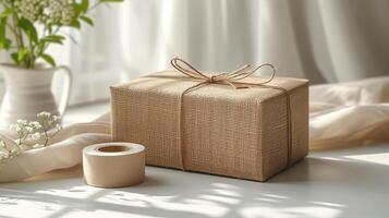AI Generated Box made of brown cardboard on a white background with tape. A suitable packaging box. photo