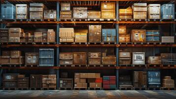 AI Generated Packets of goods waiting for transportation in the empty warehouse. Products cardboard boxes on high shelves in the warehouse of the shop distribution department. photo