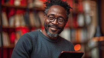 ai generado feliz, maduro y africano masculino leyendo un correo electrónico y mecanografía en un ordenador portátil mientras en pie en contra un rojo estudio antecedentes. foto