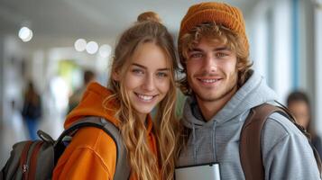 ai generado contento joven Pareja posando espalda a espalda en blanco estudio antecedentes sonriente a cámara. tecnología y educación, genial e-learning oferta concepto. foto