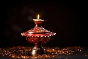 ai generado vistoso diya lamparas iluminado durante diwali celebracion foto