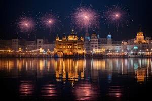 AI Generated Golden temple consecrated by fireworks photo