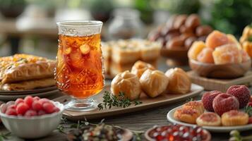 ai generado el Ramadán kareem iftar comida incluido fechas, baklava, tradicional Arábica dulces, fruta, y Rosa sorbete bebida. foto