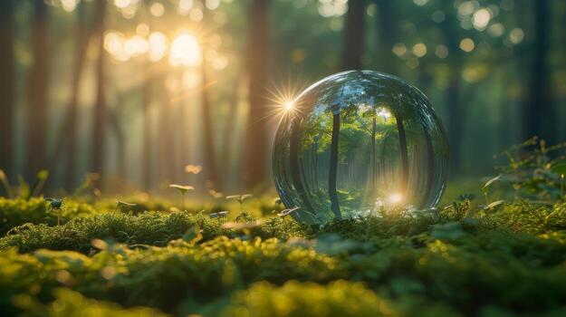 AI Generated An environment concept with globe glass and sunlight in a green forest photo