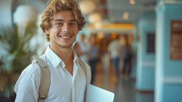 AI Generated The image shows a young businessman standing holding a laptop and smiling at the camera, isolated on a blue background photo