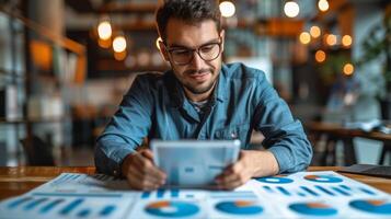 AI Generated On isolated studio background of Asian man with digital tablet searching for finance app, fintech investment or insurance budget. His smile is happy or he is working on technology for photo