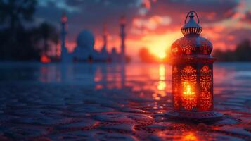 AI Generated A festive greeting card, invitation for Ramadan Kareem, featuring an ornamental Arabic lantern with a burning candle glowing against a night mosque background. photo