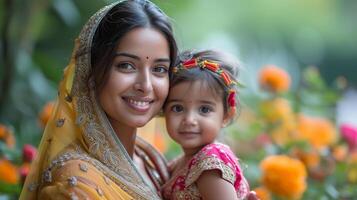 AI Generated An Indian mother having fun with her daughter outside - Family and love concept - Focus on mum's face photo