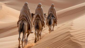 ai generado dromedarios montando mediante el Desierto en merzougha, Marruecos, octubre 30, 2019 foto