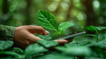 AI Generated Green Leaf Arrow Background with Businessman Working on Tablet. ESG Concepts. Environmental, Social and Corporate Governance. Businessman working on tablet. Sustainable Resources photo