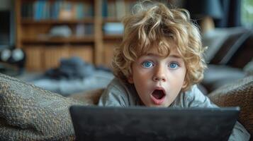 AI Generated The beautiful blond schoolboy boy is sitting on the sofa with a laptop and shouting at the screen. Remote education for children during quarantine. photo