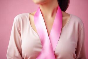 AI Generated A close-up of a pink and beige ribbon on a woman's chest in support of the causes of breast cancer. photo