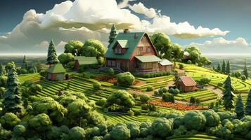 AI Generated Isolated farm in 3D illustration with crops on a cutaway piece of land, surrounded by clouds. Isolated green farm 3D illustration, isometric design. photo