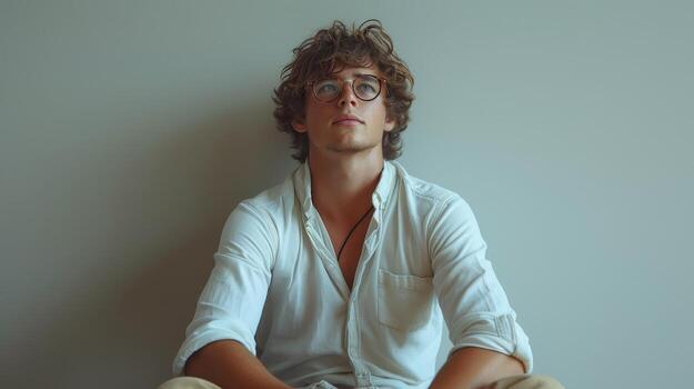AI Generated An isolated young man with glasses sitting on the floor on a white background photo
