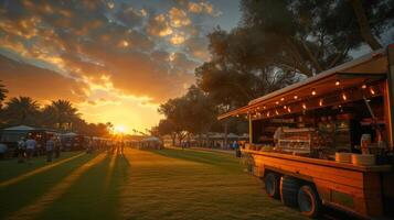 AI Generated Food truck jam at Emirates Golf Club, Dubai, UAE - March 26, 2016. an outdoor event with food trucks and live music attracted a large crowd. photo