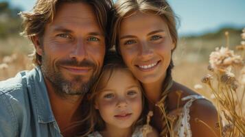 ai generado en día festivo, vacaciones, o verano viaje, un familia retrato en naturaleza. viajar, padres y un pequeño muchacha. padre amor y cuidado, disfrutando hora juntos. foto