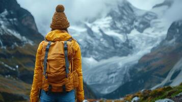 AI Generated In a yellow jacket and backpack, a woman travels through the mountains photo