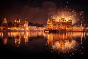 AI Generated Golden temple consecrated by fireworks photo