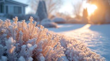 ai generado ver de el invierno jardín con Nevado coníferas y arbustos durante el primero escarcha o tarde otoño foto