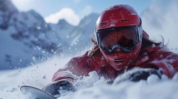 AI Generated Snowboarder sliding over snowy mountains in sportswear over snowy mountains background. Winter activity. Banner ad with copy space. photo