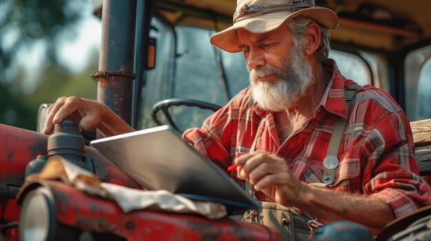 AI Generated Farmer in tractor using tablet computer on sunny day photo