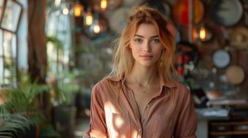 AI Generated Young business woman using laptop while standing in modern office wearing shirt photo