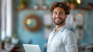 AI Generated Isolated on blue background, young modern businessman holds laptop while looking at camera with happy smile photo