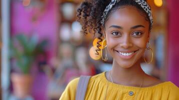 AI Generated A smiling young African black ethnic woman looking at a laptop computer, isolated on a lilac violet mauve studio background, a concept of remote work and online learning. photo