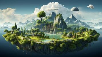 AI Generated Floating land with mountains, trees, animals, and clouds on green grass. Beautiful landscape with mountain, trees, and animals. 3D illustration of flying land with a beautiful landscape. photo