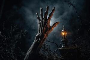 AI Generated Halloween Concept. A zombie hand rising from the ground photo